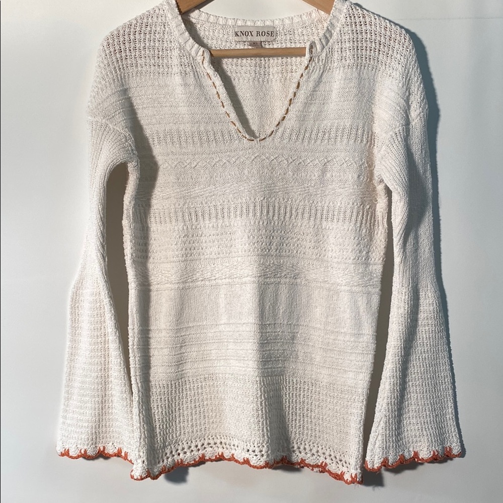 Knox Rose White V-Neck Sweater with Orange Trim